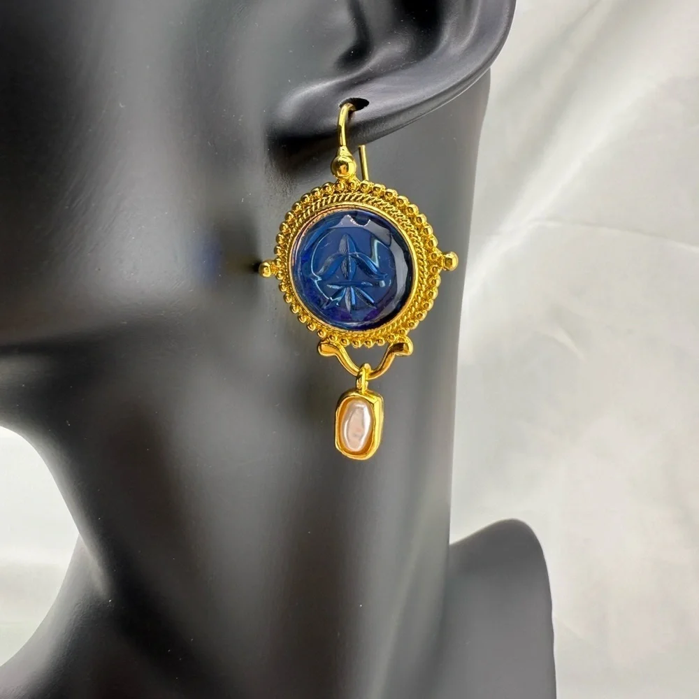 Vintage blue Cameo Earrings – Gold Drop Pearl Accent Jewelry - Picture 11 of 12